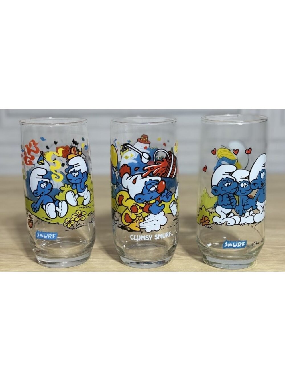 3 1980s Smurf Glasses Vintage 1982 1983 Multicolor Smurfette Clumsy Smurf Peyo